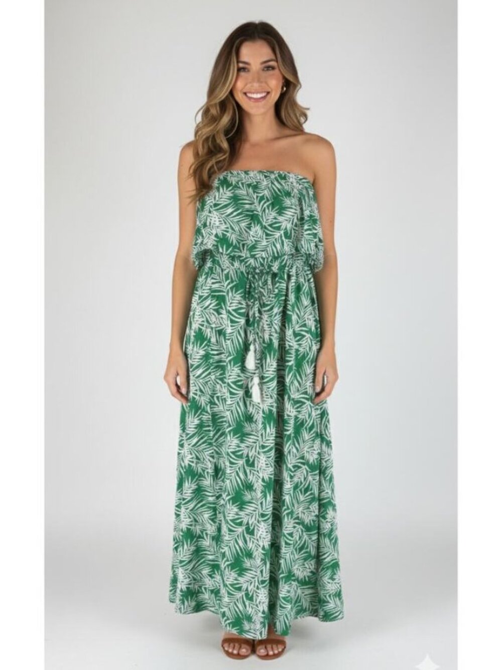 JAPNA womens DRESS green HAWAIIN white TROPICAL strapless BOHO maxi SIZE M